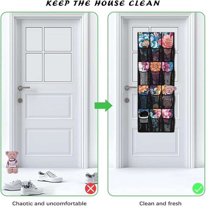 Bohemian Over the Door Organizer with 12 Mesh Pockets - Breathable Design for Bath Towels, Toiletries, Makeup (Waterproof Lining)