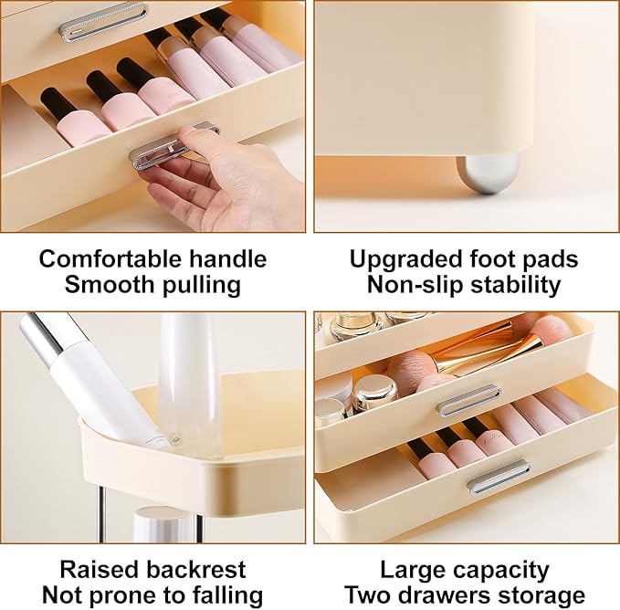 DASITON 4 Tiers Makeup Organizer, 2 Drawers Large Cosmetic Organizers for Vanity Bathroom Countertop, Bathroom Organizers and Storage for Skincare, Cosmetic, Perfume, Dresser Organizer (Cream+Cream)