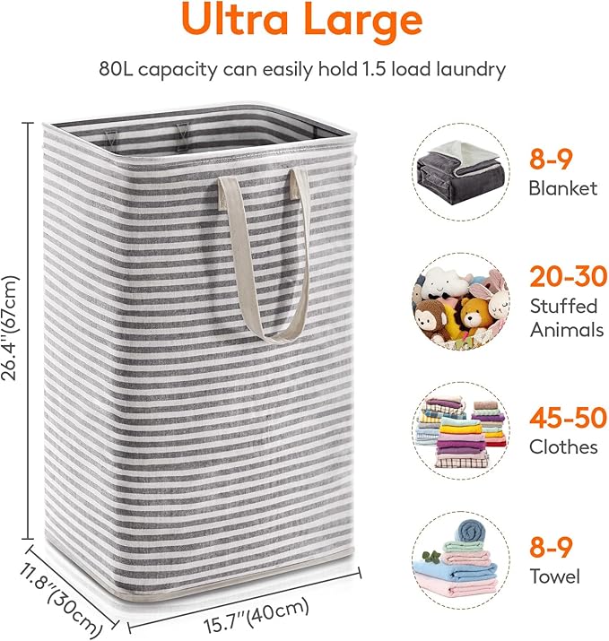 Lifewit 1 Pack Laundry Basket 80L Each, Collapsible Clothes Hamper with Reinforced Handles, Freestanding Waterproof Design for Bedroom and Laundry Room, Black 80L Total