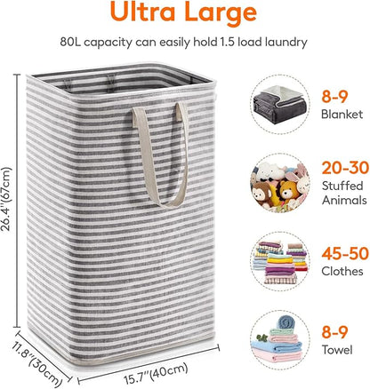 Lifewit 1 Pack Laundry Basket 80L Each, Collapsible Clothes Hamper with Reinforced Handles, Freestanding Waterproof Design for Bedroom and Laundry Room, Black 80L Total