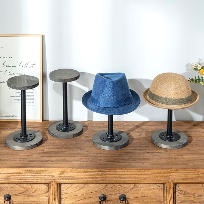 MyGift 4 Pcs Tabletop Hat Rack Stand, Freestanding Cowboy Hat Holder Organizer, Baseball Cap Storage, Wig Helmet Display, Vintage Weathered Gray Wood and Industrial Matte Black Metal Pipe