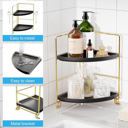 FSyueyun 2-Tier Corner Bathroom Counter Organizer, Tool-Less Installation Vanity Shelf Small Plastics Countertop Makeup Tray Skincare Perfume Organizers (Gold & Black)