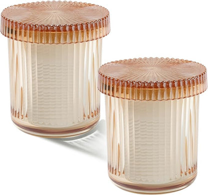 rejomiik Glass Qtip Holder Dispenser 2 Pack, Bathroom Canister Apothecary Jars with Lids, Vanity Makeup Accessories Storage Organizer for Cotton Swabs, Cotton Balls, Pads, Floss Picks, Amber