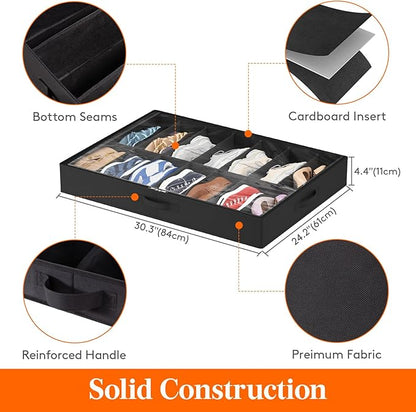 Lifewit Under Bed Shoe Storage Organizer 2 Pack(14 Shoes Cells), 4.3 Inches Profile Fabric Shoes Container Box with Clear Cover, Foldable Storage Bag with 2 Handles, Fits 14 to 28 Pairs