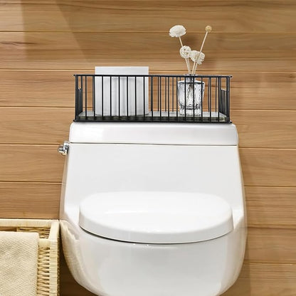 MyGift Modern Bathroom Storage Basket, Black Metal Wire Toilet Paper Holder with Vintage Gray Solid Wood Base, Toilet Tank Organizer Tray with Handles