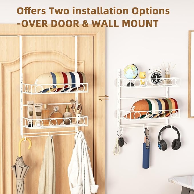 Over Door Hat Organizer 3 Tier Wall Mounted Hat Rack with 2 Adjustable Metal Basket and 3 Hooks Hat Organizer for Baseball caps Hat Hanger Holder Display for Door Closet, Cap Organizer Storage