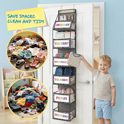 2 Pcs 6-Shelf Weekly Clothes Organizer for Kids Daily Hanging Closet Organizer with 2 Sets Week Day Stickers Foldable Days of The Week Behind Door Hanging Storage Shelves