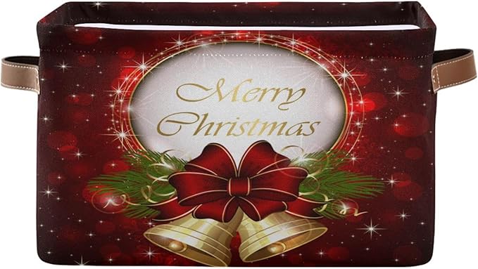 Red Bells Basket Decor Xmas Winter Holly Storage Bin Fabric Storage Box Cube with Handles Large Kids Toys Clothes Organizer for Nursery Bedroom