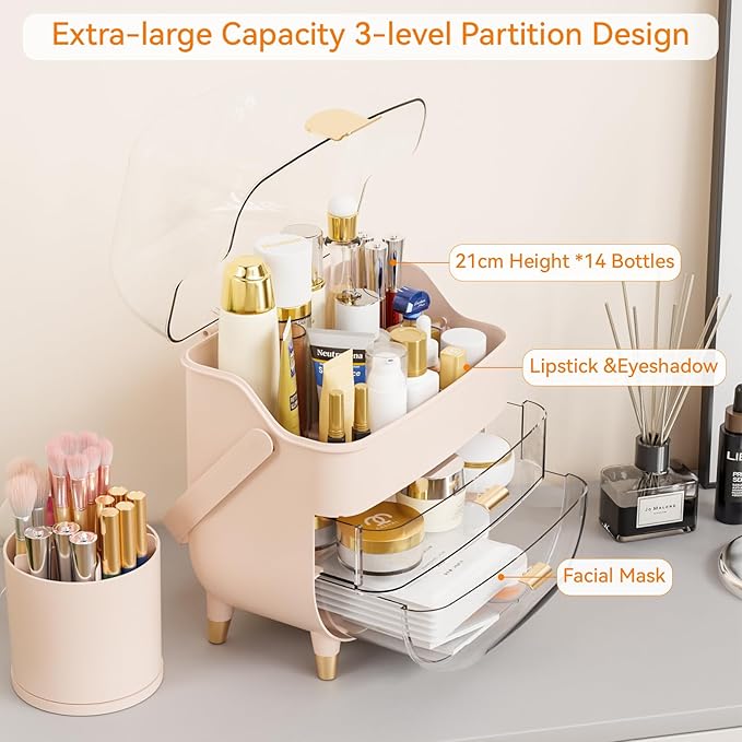 Yieach Countertop Makeup Organizer for Vanity,Large Capacity Skincare Organizers With Drawers and Makeup Brush Holder,Cosmetic Display Cases with Clear Cover for Bathroom,Dresser,Beauty Product,Pink