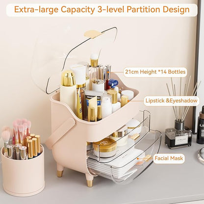 Yieach Countertop Makeup Organizer for Vanity,Large Capacity Skincare Organizers With Drawers and Makeup Brush Holder,Cosmetic Display Cases with Clear Cover for Bathroom,Dresser,Beauty Product,Pink