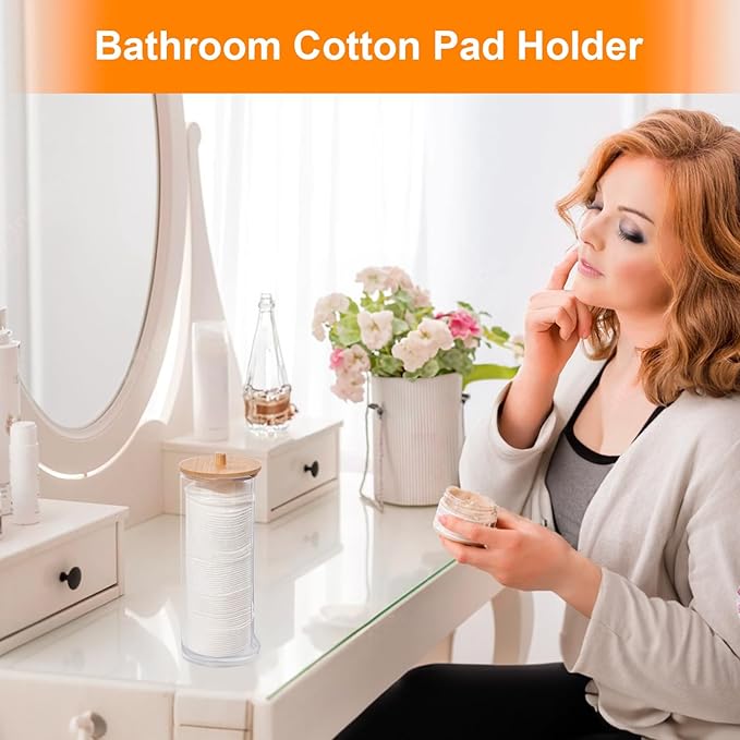 2 Pcs Cotton Round Holder, Cotton Pad Holder with Bamboo Lids, Makeup Storage Cotton Pad Dispenser Bathroom Canisters Bamboo Bathroom Storage Jars Storage Containers Clear Plastic