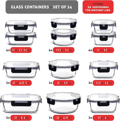 EATEX 48pc Glass Storage Containers with Lids, 24 Glass Food Storage Containers with 24 Airtight Lids for Pantry & Kitchen, Meal Prep Containers for Lunch, Oven Freezer Microwave & Dishwasher Safe