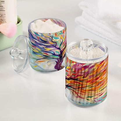 2 Pack Qtip Holder Dispenser for Cotton Ball Rainbow Life Of Tree Plant Swab Round Pads Clear Plastic Acrylic Jar Set Bathroom Canister
