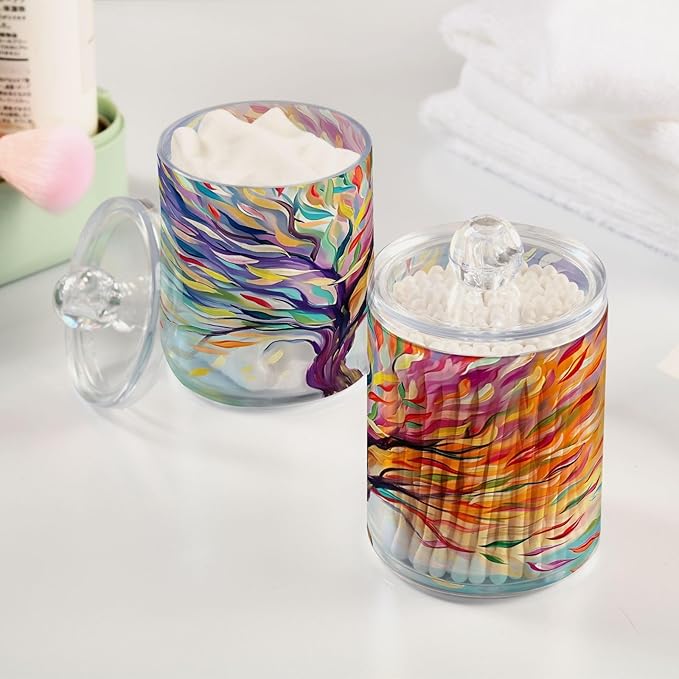 4 Pack Qtip Holder Dispenser Rainbow Life Of Tree Plant Cotton Ball Swab Round Pads Floss Clear Bathroom Storage Containers Plastic Apothecary Jars with Lids