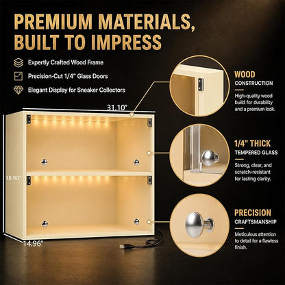 Sneaker Display Case with Lights featuring LED Intelligent Control Shoe Storage Box, Stackable LED Shoe Box Wood Shoe Display Case for Luxury Sneaker Storage (Beige 2-layer)