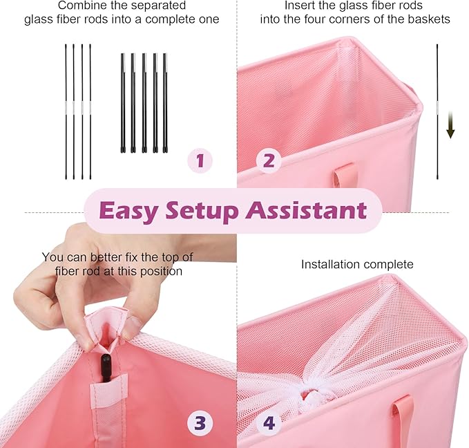 Odonata Slim Laundry Hamper Handles Collapsible Laundry Basket Thin Dirty Clothes Basket Narrow Laundry Bag Foldable Dirty Hamper 45L (Pink)