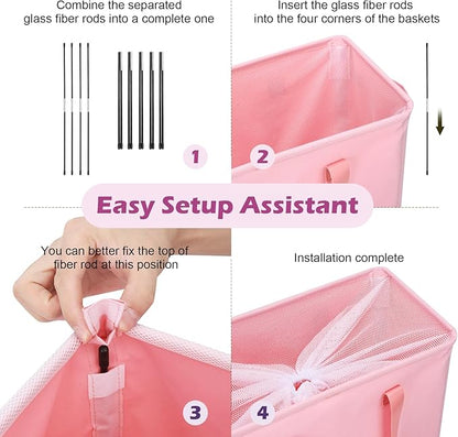 Odonata Slim Laundry Hamper Handles Collapsible Laundry Basket Thin Dirty Clothes Basket Narrow Laundry Bag Foldable Dirty Hamper 45L (Pink)