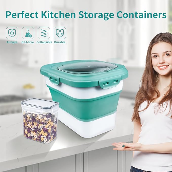 Komzon Rice Storage Container, Collapsible Airtight Food Storage Containers 6-20 Lbs, Rice Dispenser with Measuring Cup and Small Bin for Flour Cereal Pasta Grain, Cat Pet Dog Bird Food Container