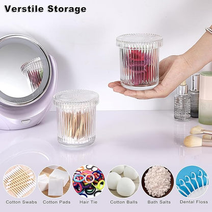 2 Pack Glass Qtip Holder with Lid, Qtip Dispenser Bathroom Storage Jars- Glass Apothecary Jars for Cotton Ball, Swab, Pads, Floss Picks, Bathroom Accessories Organization and Vanity Organizer(Clear)