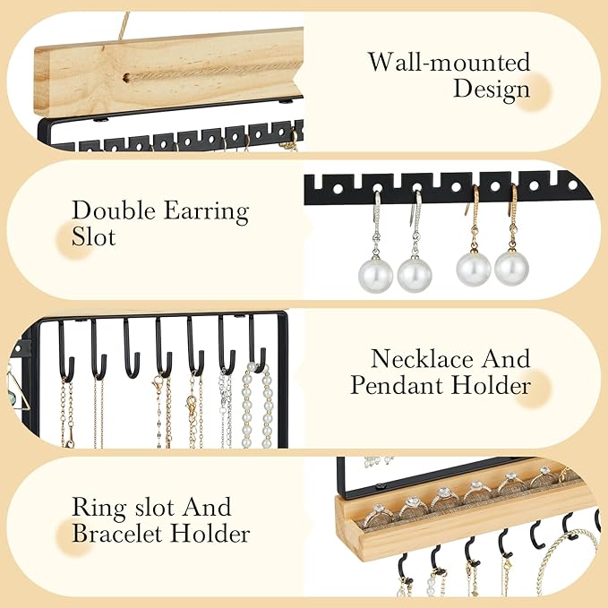 Feyejade Hanging Jewelry Organizer, 5-Tier Wall Earring Holder with Wooden Ring Groove, Jewelry Rack Wall Mounted for Earrings, Necklaces, Bracelets and Rings, Jewelry Holder Stand, Black