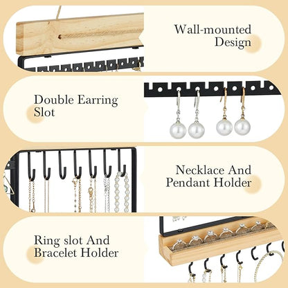 Feyejade Hanging Jewelry Organizer, 5-Tier Wall Earring Holder with Wooden Ring Groove, Jewelry Rack Wall Mounted for Earrings, Necklaces, Bracelets and Rings, Jewelry Holder Stand, Black