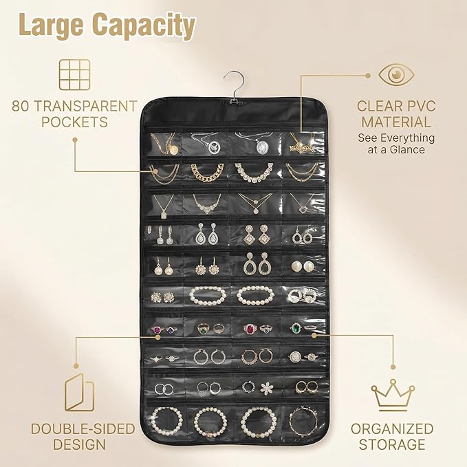 2PCS Hanging Jewelry Organizer with 160 Clear Pockets, 360° Swivel Hook for Double-Sided Jewelry Holder for Earrings, Necklaces, Rings on Closet, Wall, Door, (Black and beige)