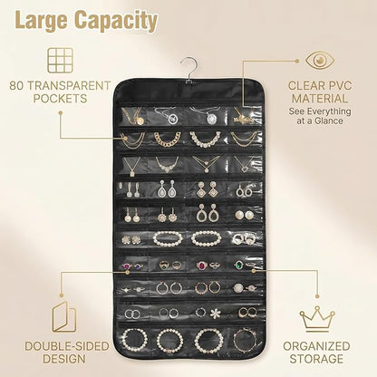 2PCS Hanging Jewelry Organizer with 160 Clear Pockets, 360° Swivel Hook for Double-Sided Jewelry Holder for Earrings, Necklaces, Rings on Closet, Wall, Door, (Black and beige)