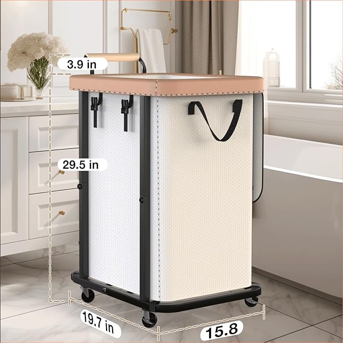 40 Gal (150L) Laundry Hamper with Lid, Leather Patchwork Laundry Basket with Rolling Lockable Wheels and Handle, Laundry Basket Organizer for Laundry Room, Bedroom and Bathroom,Laundry Room - White