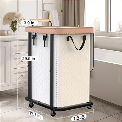 40 Gal (150L) Laundry Hamper with Lid, Leather Patchwork Laundry Basket with Rolling Lockable Wheels and Handle, Laundry Basket Organizer for Laundry Room, Bedroom and Bathroom,Laundry Room - White