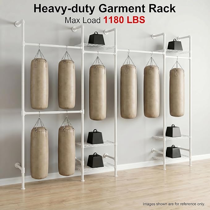 Wall Mounted Closet System – Adjustable Clothing Rack with 6 Hanging Clothes Rods( 4 Expandable Rods) & 6 Shelves, Heavy Duty Industrial Pipe Clothes Rack for Closet Organizer and Storage, White