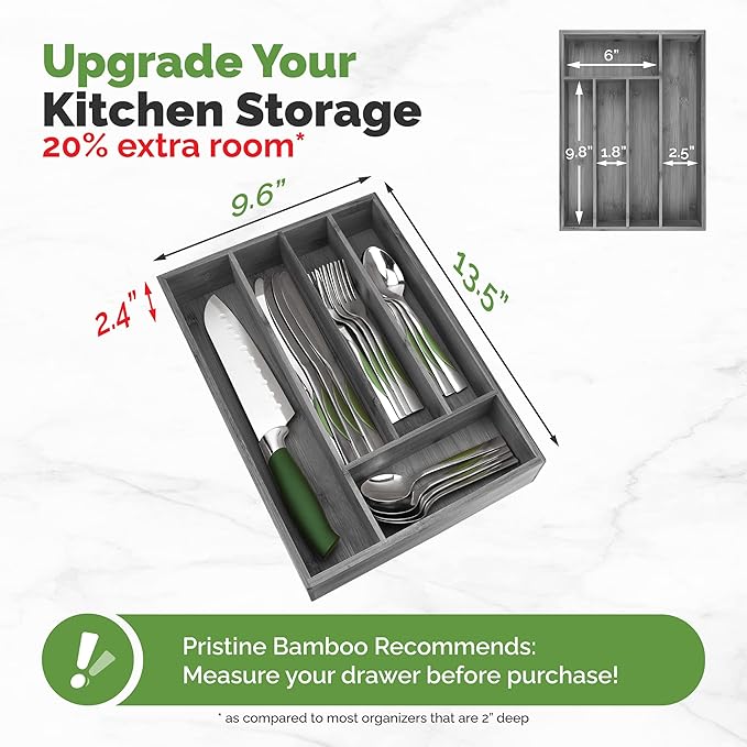Pristine Bamboo 5-Slot Drawer Organizer - Kitchen and Utensil Organizer - Cutlery Tray - Flatware and Silverware Holder - Gray