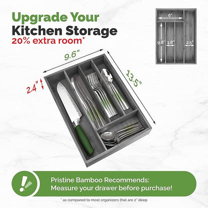 Pristine Bamboo 5-Slot Drawer Organizer - Kitchen and Utensil Organizer - Cutlery Tray - Flatware and Silverware Holder - Gray