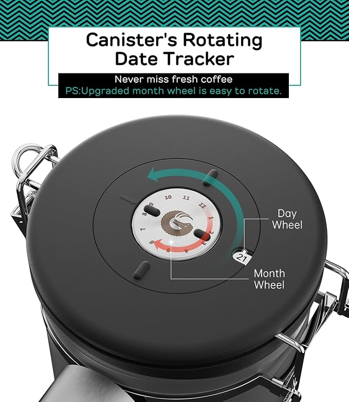Coffee Gator Coffee Canister, 22oz Airtight Stainless Steel Kitchen Food Storage Container with Date-Tracker, CO2-Release Valve and Scoop for Beans, Grounds, Sugar, Cookies Jars, Tea, Cereal - Gray