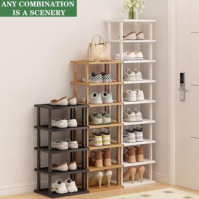 SAN HE Bamboo Shoe Rack 17 Tier- Vertical Shoe Rack for Small Spaces, Tall Narrow Shoe Rack Organizer for Closet Entryway Corner Garage and Bedroom,Skinny Shoe Shelf with Free Stackable DIY