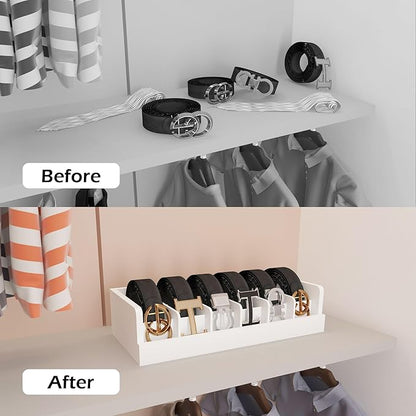 Belt Organizer for Drawer - Bamboo Belt Storage Organizer | Belt Rack for Closet Wall Mount Men Women Tie Sock Bra Scarf Ribbon(White, 6 Grids)