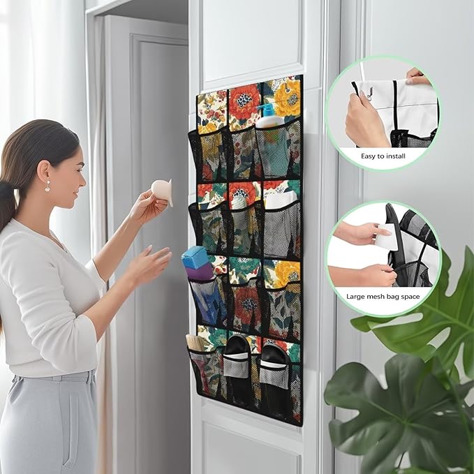 Floral Print Space Saving Hanging Shoe Organizer,Entryway Bedroom Bathroom Storage Bags with 12 Mesh Large Pockets,Stylish Print
