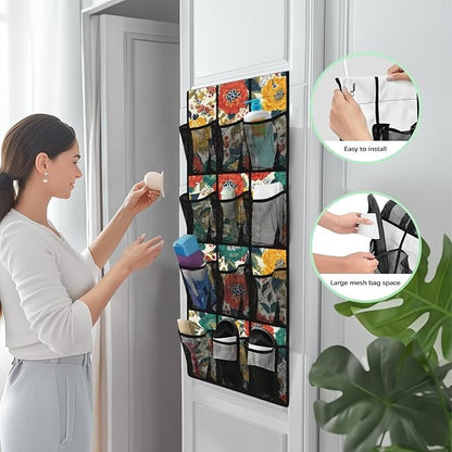 Floral Print Space Saving Hanging Shoe Organizer,Entryway Bedroom Bathroom Storage Bags with 12 Mesh Large Pockets,Stylish Print