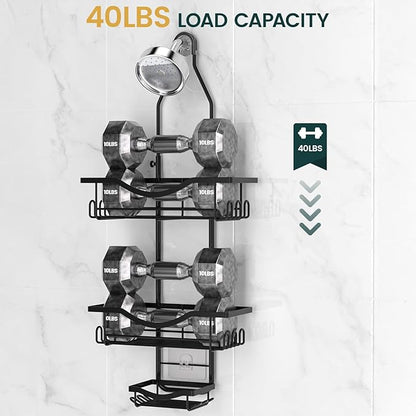 Shower Caddy Hanging Adjustable Shower Caddy, Rustproof Shower Organizer Extended Length Shower Caddies Over Shower Head with Hooks Soap Holder, Large Capacity Anti-Swing Bathroom Storage, Black