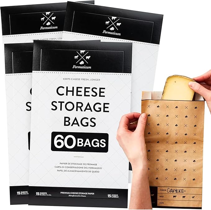 Formaticum - 60-Pack Cheese Storage Bags - 6.25 x 11 Wax Paper Bags to Keep Cheese or Charcuterie Fresh - Professional Grade Cheese Paper for Wrapping Cheese - Porous Brown Paper Bags From France