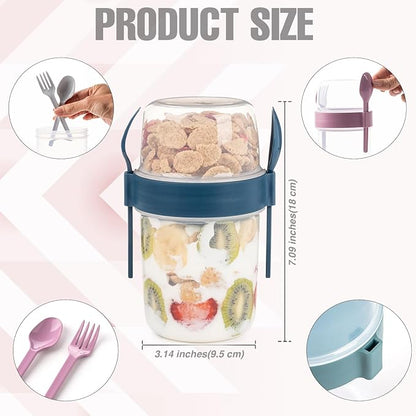 4 Pack On The Go 37 oz Breakfast Cups with Lids and Spoon, Reusable Cereal Yogurt Cup with Topping Plastic Overnight Oats Container for Granola Oatmeal (37 oz- 4 Pack)