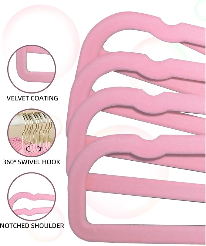 HGYZE Velvet Pants Hangers 20 Pack, 360° Swivel Gold Hook, Non Slip Felt Hanger for Spaghetti Strap Dresses Slack Jean, Blush Pink and Gold Felt Hangers, Cute Flocked Trouser for Adult Teen