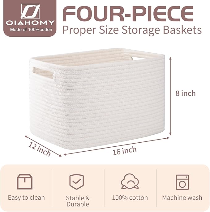 OIAHOMY 4 Pack Storage Baskets for Organizing, Cube Storage Bins for Shelves, Rectangle Storage Baskets With Handles, Woven Baskets for Storage, 16''Lx12''Wx8''H, White
