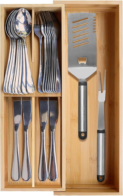 guiogc Expandable Bamboo Kitchen Drawer Organizer - Silverware Organizer - Utensil Holder and Cutlery Tray for Flatware Organizers and Kitchen Utensils