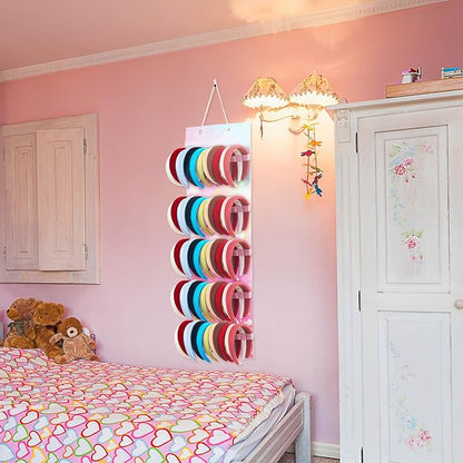 Tudomro Hanging Headband Holder for Girls Felt Hair Accessories Organizer with 60 Elastic Bands Bow Hanger for Girls Hair Bows Without Headbands(Pink,Unicorn)