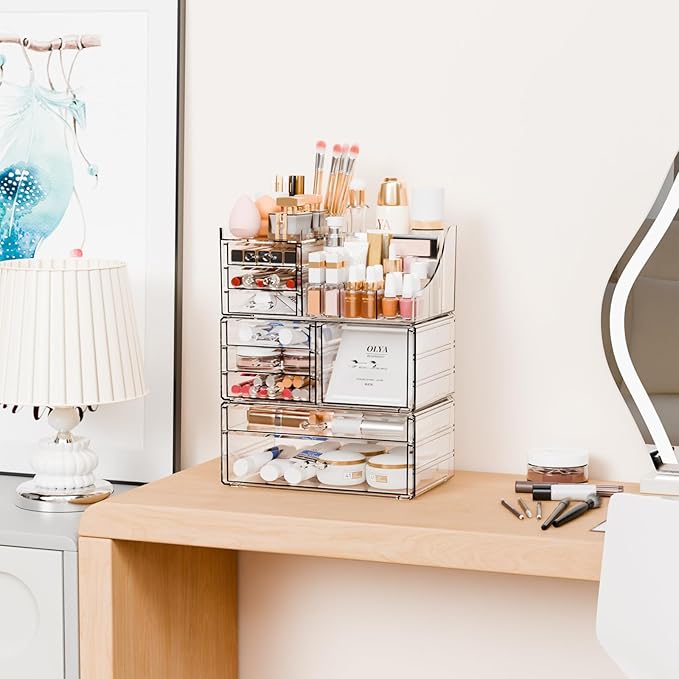 Yieach 3 Pack Clear Makeup Organizer Countertop for Dresser,Vanity and Bathroom Counter Organizer,Tiered Stackable Makeup Acrylic Organizers with 9 Drawer for Skincare,Brush and Make up Holders