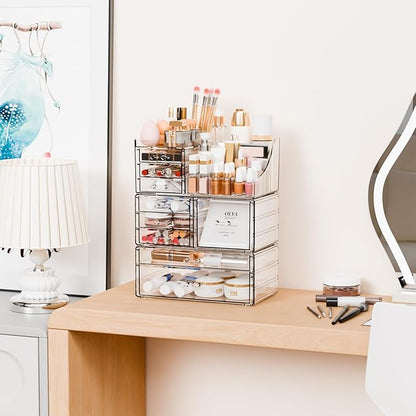 Yieach 3 Pack Clear Makeup Organizer Countertop for Dresser,Vanity and Bathroom Counter Organizer,Tiered Stackable Makeup Acrylic Organizers with 9 Drawer for Skincare,Brush and Make up Holders