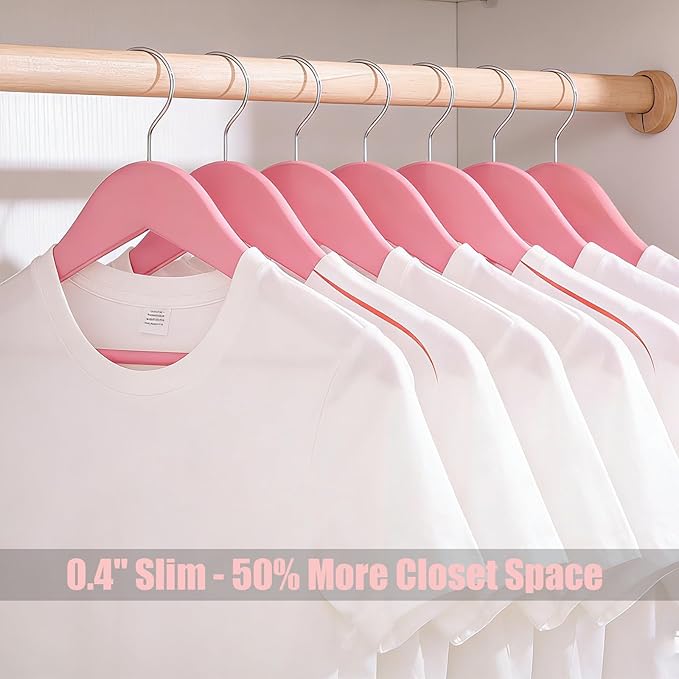20 Pack Cherry Pink Slim Wood Hangers, Anti-Slip 360° Swivel Space Saving Hangers, Smooth Finish for Women Kids Dress Shirt Coat Closet