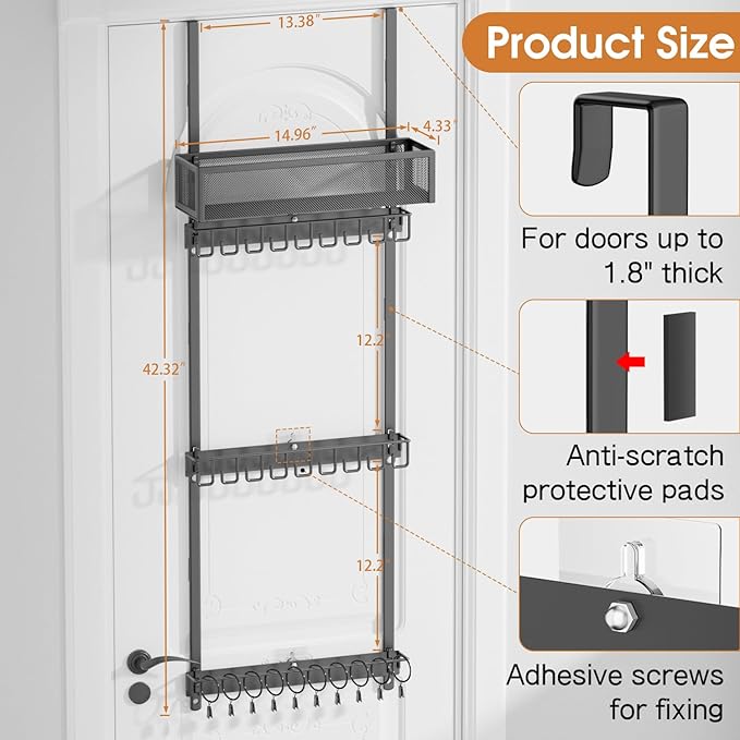 3 Tier Over Door Hat Organizer with Basket, Hat Rack for Baseball Cap with 18 Hooks and 10 Movable Clips,Hat Hanger Storage Holds up to 30+ Caps for Door, Bedroom, Closet (Black)