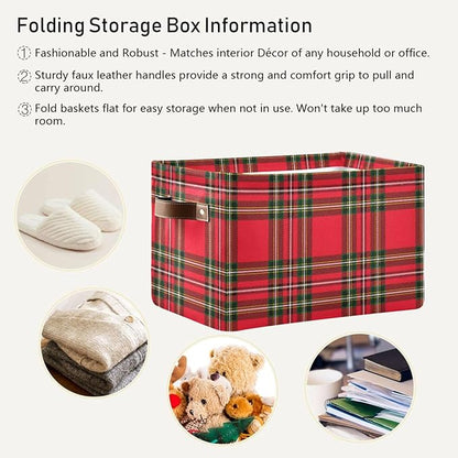 Red Green Tartan Plaid Christmas Large Storage Basket Cube Storage Bin Canvas Fabric Organizer Handles Collapsible Decorative for Clothes Bedroom