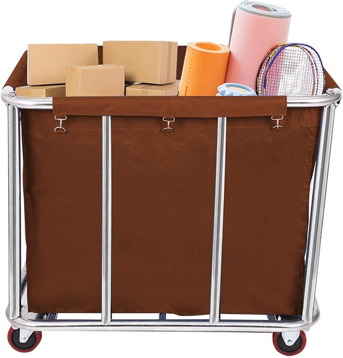 10 Bushels Laundry Cart Commercial/Home,Heavy Duty Large Stainless Steel Rolling Laundry Basket with Wheels，for Laundry Organizer and Storage,260LBS Load (Brown)